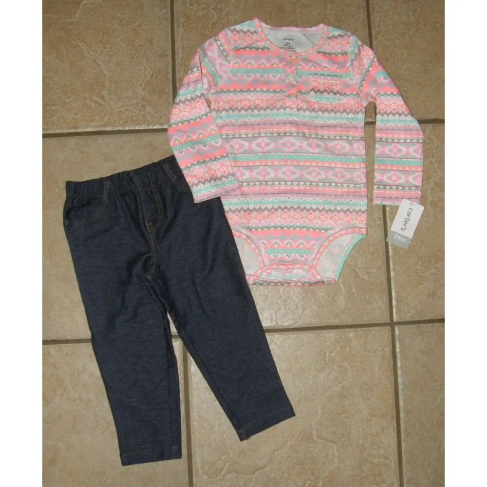 NEW Girls Sz 24 Months Colorful Shirt & Denim Pull On Pants 2 Pc Outfit CARTERS